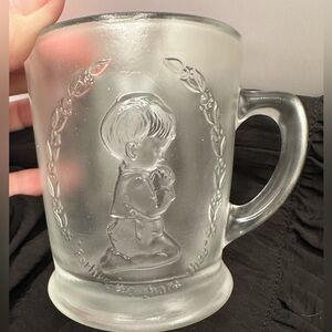Vintage Frosted Glass Prayer Mug “Father We Thank Thee” Praying Boy Cup